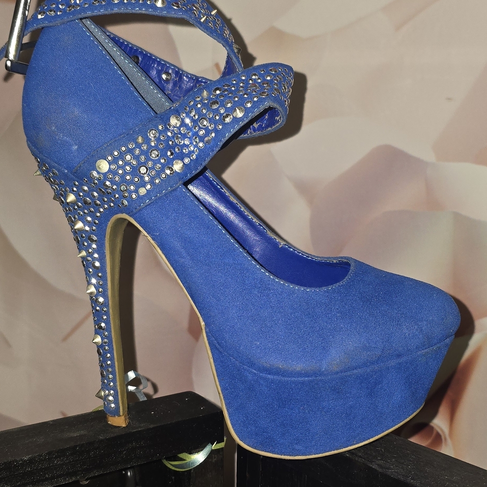 Blue Suede Heels with Rhinestones - Picture 2 of 3